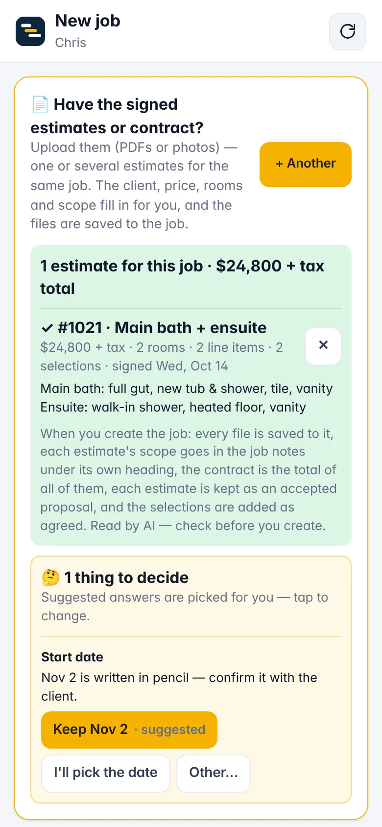 Estimate read into a new job