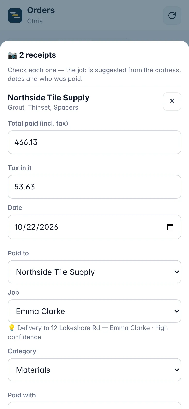 Receipts read and matched to a job